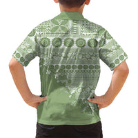 Fiji Marau na Kerisimasi Family Matching Off Shoulder Short Dress and Hawaiian Shirt Sage Green Tagimoucia Tapa Masi Tribal LT9 - Polynesian Pride