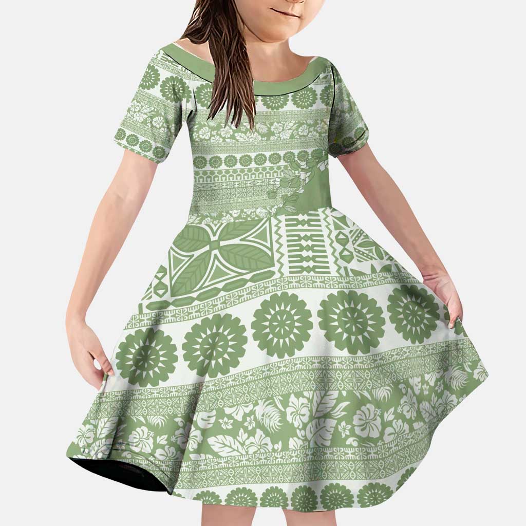 Fiji Marau na Kerisimasi Family Matching Off Shoulder Short Dress and Hawaiian Shirt Sage Green Tagimoucia Tapa Masi Tribal LT9 Daughter's Dress Green - Polynesian Pride