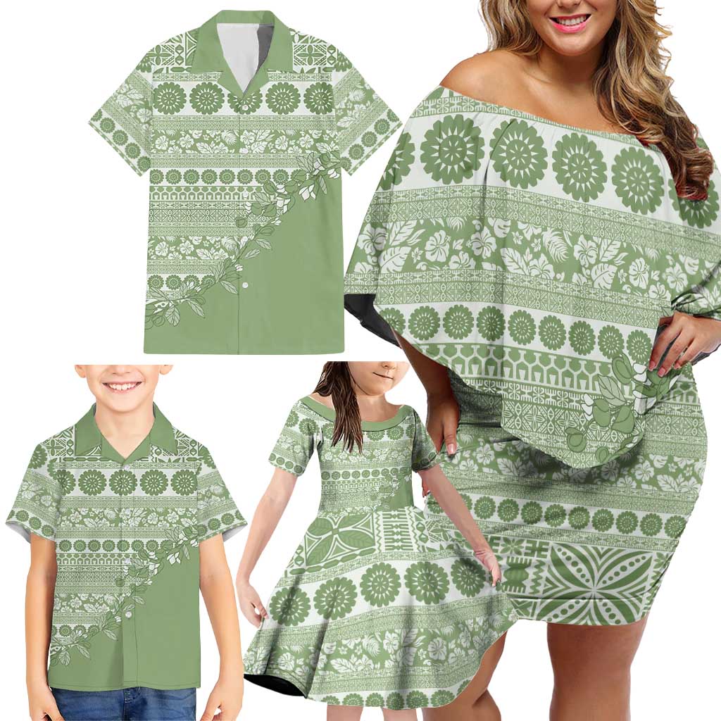 Fiji Marau na Kerisimasi Family Matching Off Shoulder Short Dress and Hawaiian Shirt Sage Green Tagimoucia Tapa Masi Tribal LT9 - Polynesian Pride