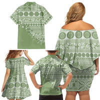 Fiji Marau na Kerisimasi Family Matching Off Shoulder Short Dress and Hawaiian Shirt Sage Green Tagimoucia Tapa Masi Tribal LT9 - Polynesian Pride