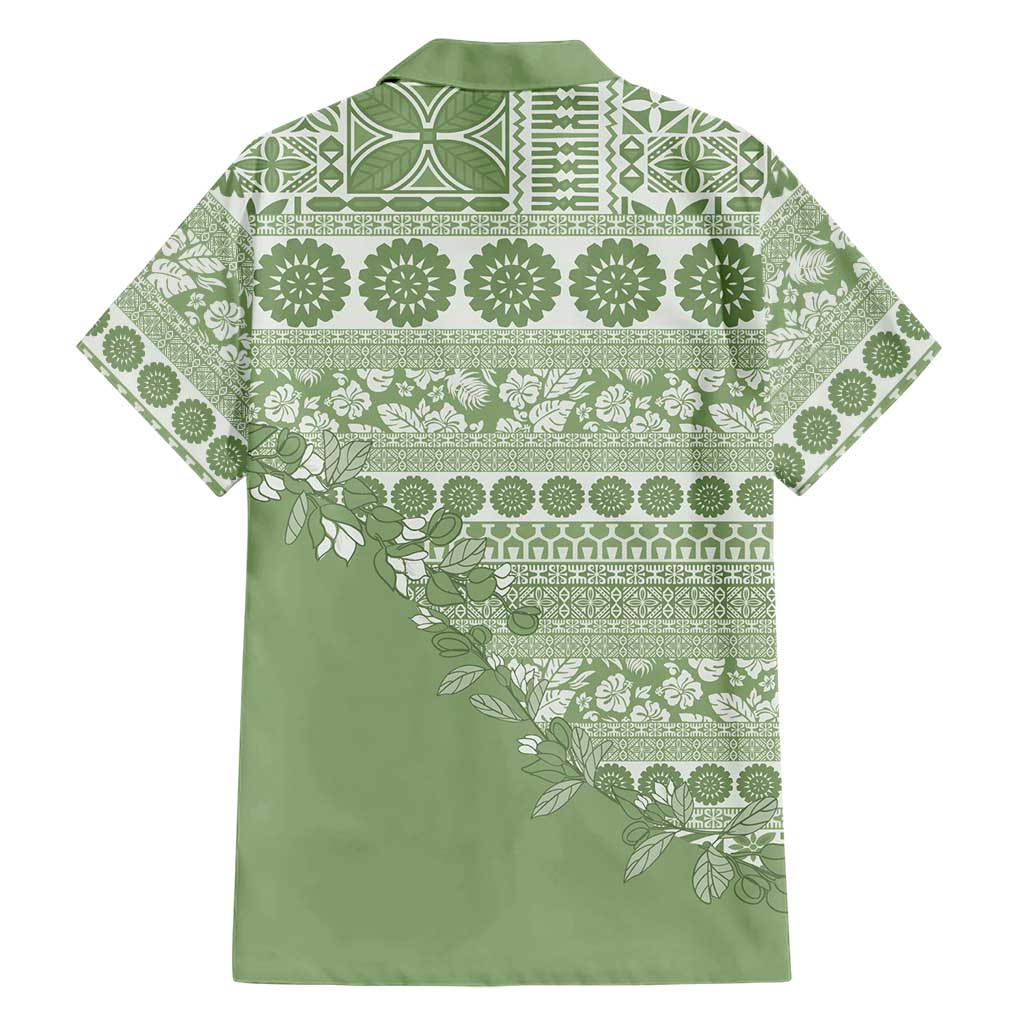 Fiji Marau na Kerisimasi Family Matching Off Shoulder Short Dress and Hawaiian Shirt Sage Green Tagimoucia Tapa Masi Tribal LT9 - Polynesian Pride