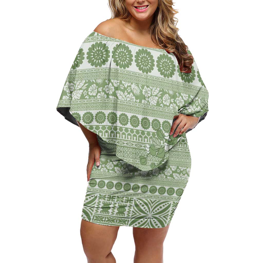 Fiji Marau na Kerisimasi Family Matching Off Shoulder Short Dress and Hawaiian Shirt Sage Green Tagimoucia Tapa Masi Tribal LT9 Mom's Dress Green - Polynesian Pride