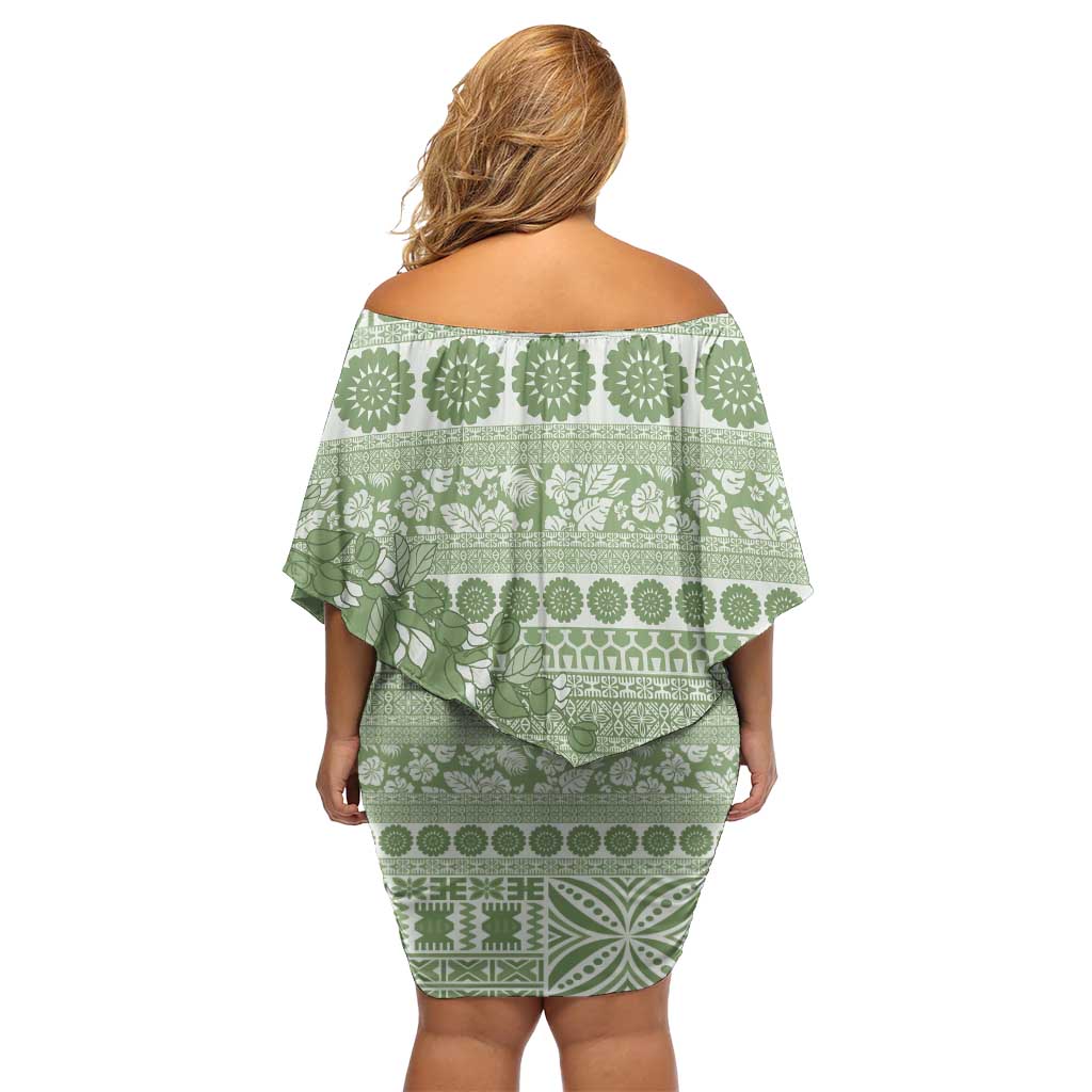 Fiji Marau na Kerisimasi Family Matching Off Shoulder Short Dress and Hawaiian Shirt Sage Green Tagimoucia Tapa Masi Tribal LT9 - Polynesian Pride