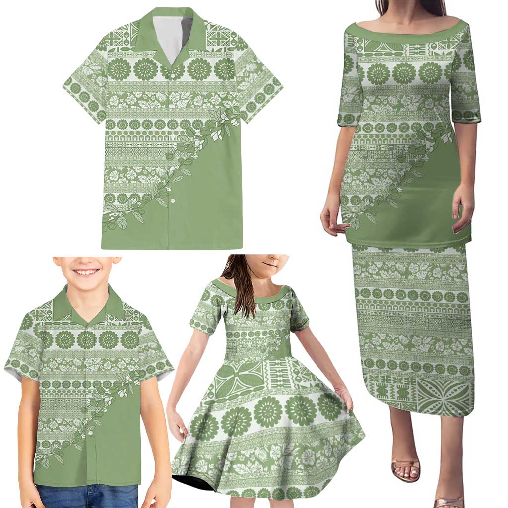 Fiji Marau na Kerisimasi Family Matching Puletasi and Hawaiian Shirt Sage Green Tagimoucia Tapa Masi Tribal LT9 - Polynesian Pride