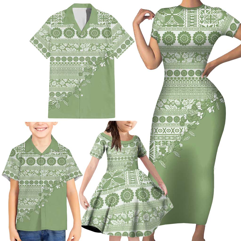 Fiji Marau na Kerisimasi Family Matching Short Sleeve Bodycon Dress and Hawaiian Shirt Sage Green Tagimoucia Tapa Masi Tribal LT9 - Polynesian Pride