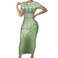 Fiji Marau na Kerisimasi Family Matching Short Sleeve Bodycon Dress and Hawaiian Shirt Sage Green Tagimoucia Tapa Masi Tribal LT9 Mom's Dress Green - Polynesian Pride
