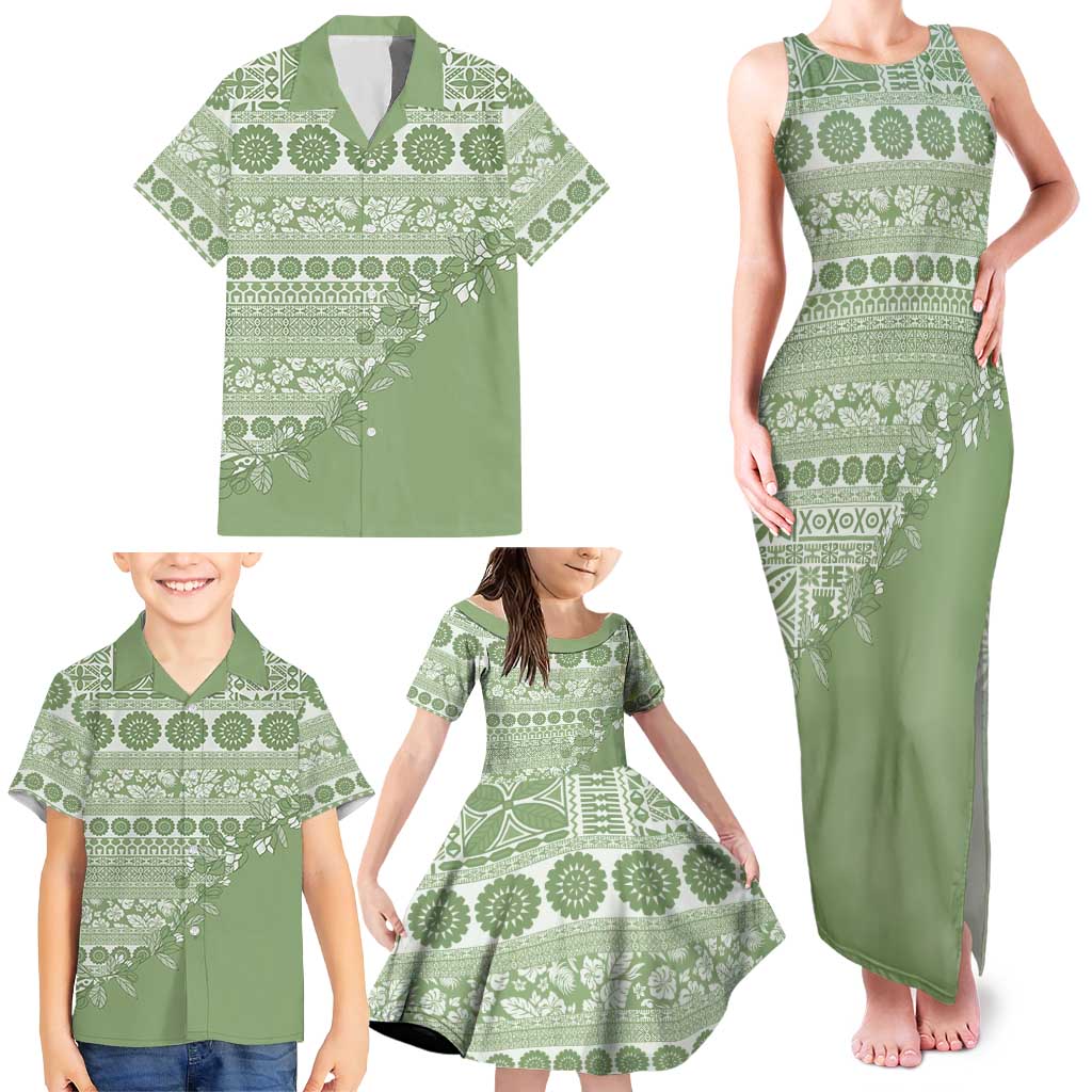 Fiji Marau na Kerisimasi Family Matching Tank Maxi Dress and Hawaiian Shirt Sage Green Tagimoucia Tapa Masi Tribal LT9 - Polynesian Pride