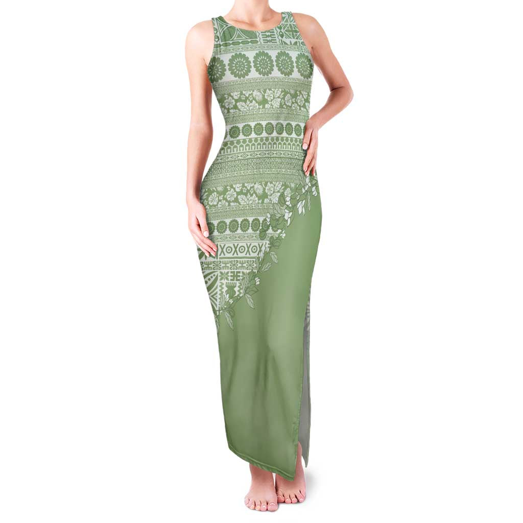 Fiji Marau na Kerisimasi Family Matching Tank Maxi Dress and Hawaiian Shirt Sage Green Tagimoucia Tapa Masi Tribal LT9 Mom's Dress Green - Polynesian Pride