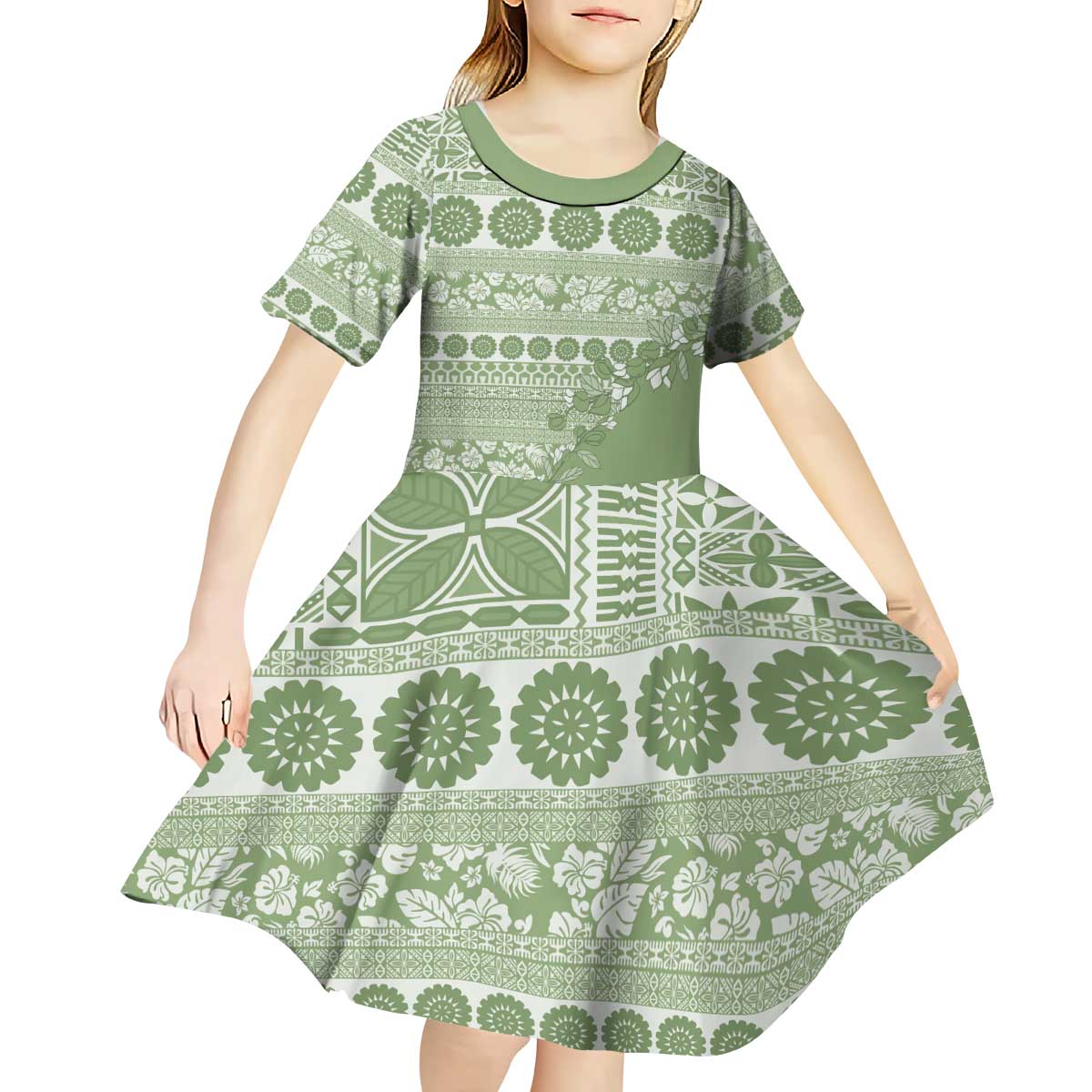 Fiji Marau na Kerisimasi Kid Short Sleeve Dress Sage Green Tagimoucia Tapa Masi Tribal LT9 - Polynesian Pride