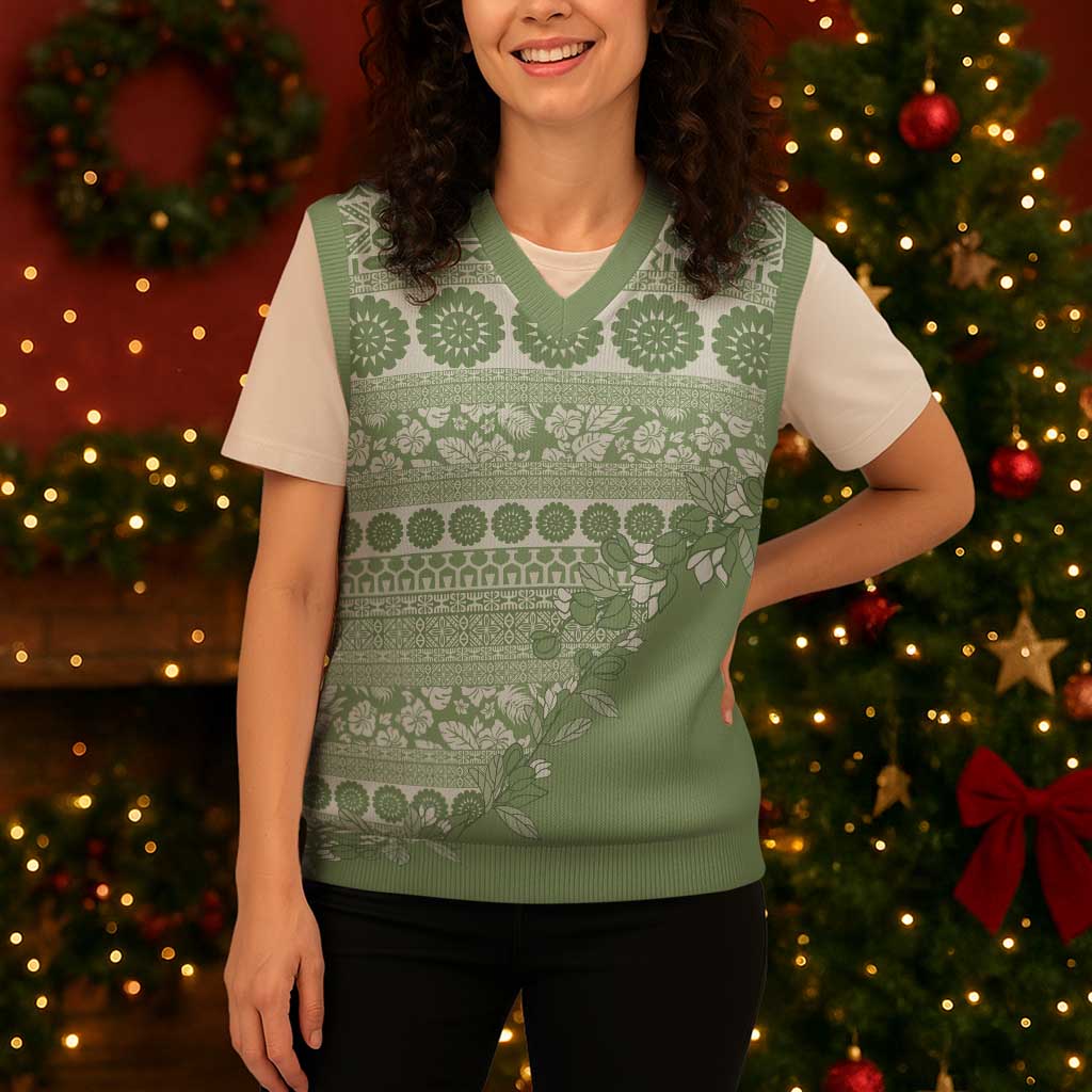 Fiji Marau na Kerisimasi Christmas Knitted V-Neck Vest Sage Green Tagimoucia Tapa Masi Tribal LT9 - Polynesian Pride