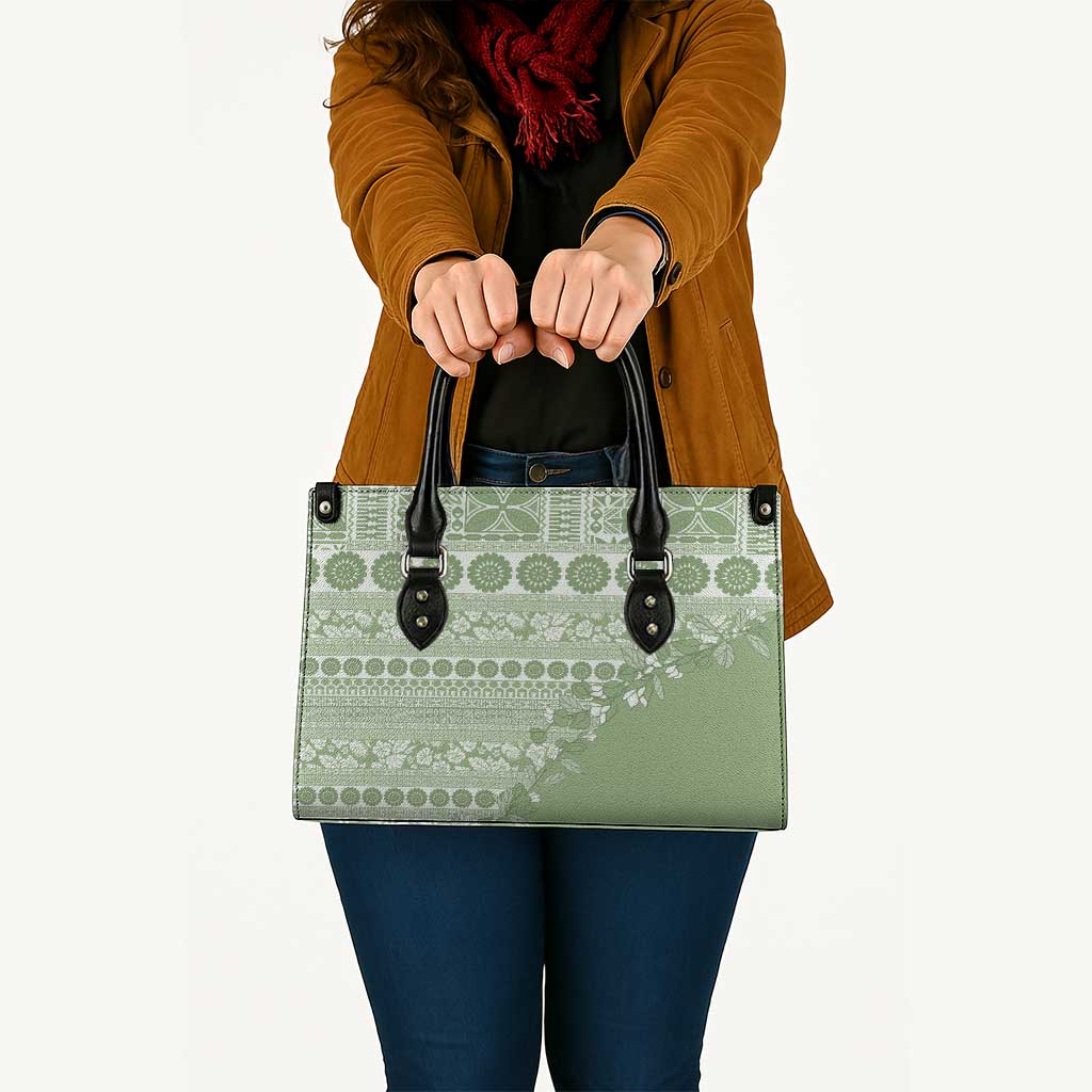 Fiji Marau na Kerisimasi Leather Bag Sage Green Tagimoucia Tapa Masi Tribal - Polynesian Pride