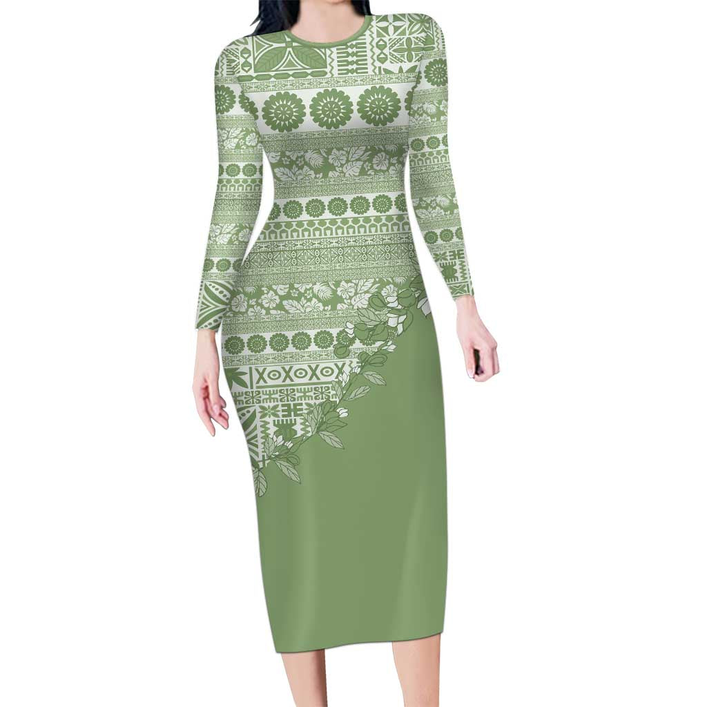 Fiji Marau na Kerisimasi Long Sleeve Bodycon Dress Sage Green Tagimoucia Tapa Masi Tribal LT9 Long Dress Green - Polynesian Pride