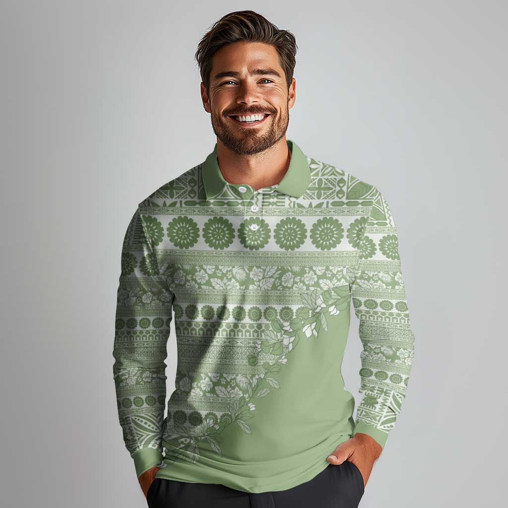 Fiji Marau na Kerisimasi Long Sleeve Polo Shirt Sage Green Tagimoucia Tapa Masi Tribal LT9 - Polynesian Pride