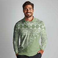 Fiji Marau na Kerisimasi Long Sleeve Polo Shirt Sage Green Tagimoucia Tapa Masi Tribal LT9 - Polynesian Pride