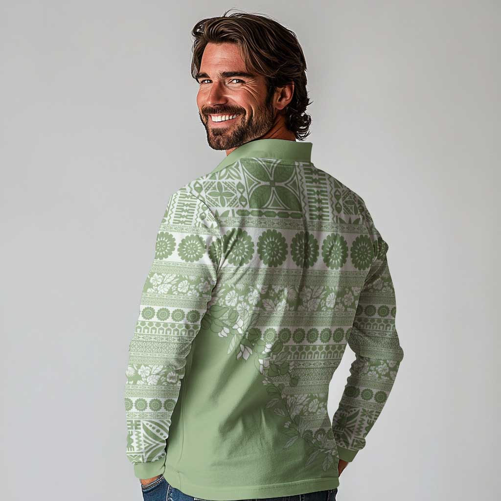 Fiji Marau na Kerisimasi Long Sleeve Polo Shirt Sage Green Tagimoucia Tapa Masi Tribal LT9 - Polynesian Pride