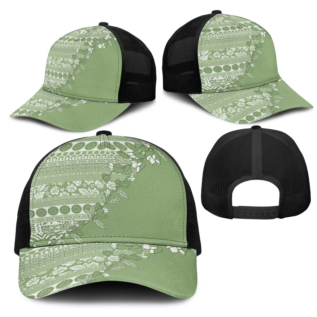 Fiji Marau na Kerisimasi Mesh Trucker Cap Sage Green Tagimoucia Tapa Masi Tribal - Polynesian Pride