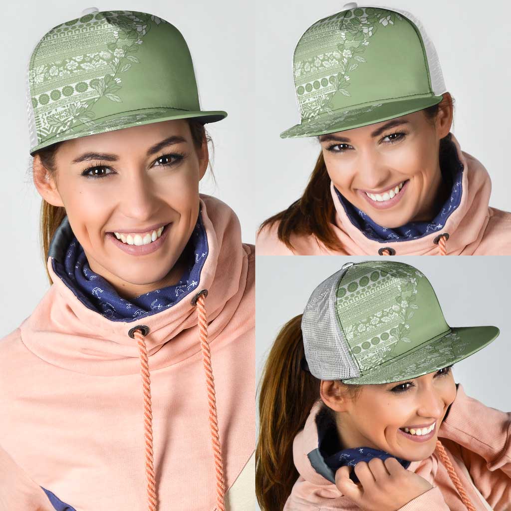 Fiji Marau na Kerisimasi Mesh Trucker Cap Sage Green Tagimoucia Tapa Masi Tribal - Polynesian Pride