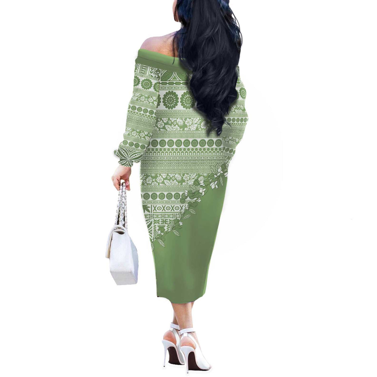 Fiji Marau na Kerisimasi Off The Shoulder Long Sleeve Dress Sage Green Tagimoucia Tapa Masi Tribal LT9 - Polynesian Pride