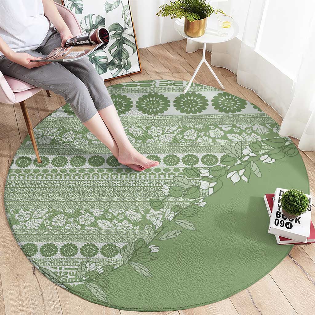 Fiji Marau na Kerisimasi Round Carpet Sage Green Tagimoucia Tapa Masi Tribal - Polynesian Pride