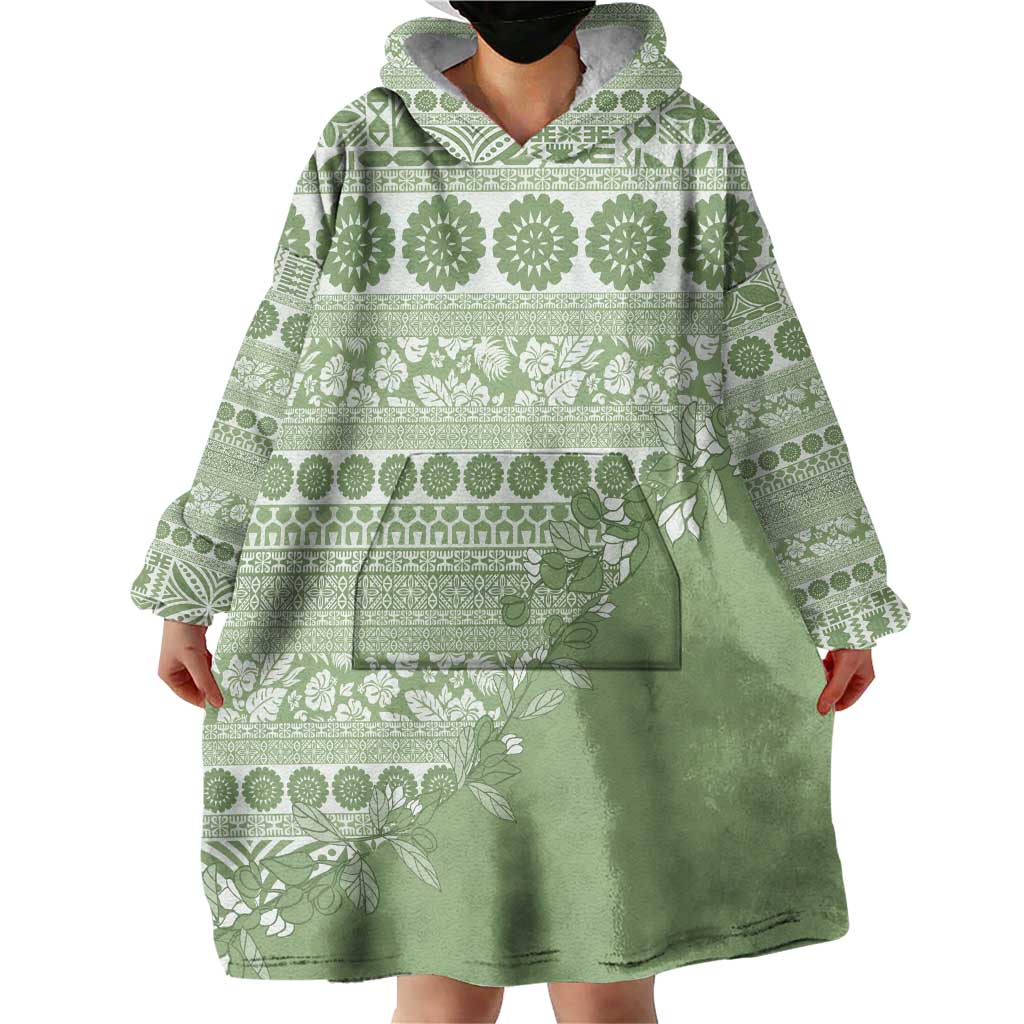 Fiji Marau na Kerisimasi Wearable Blanket Hoodie Sage Green Tagimoucia Tapa Masi Tribal LT9 - Polynesian Pride