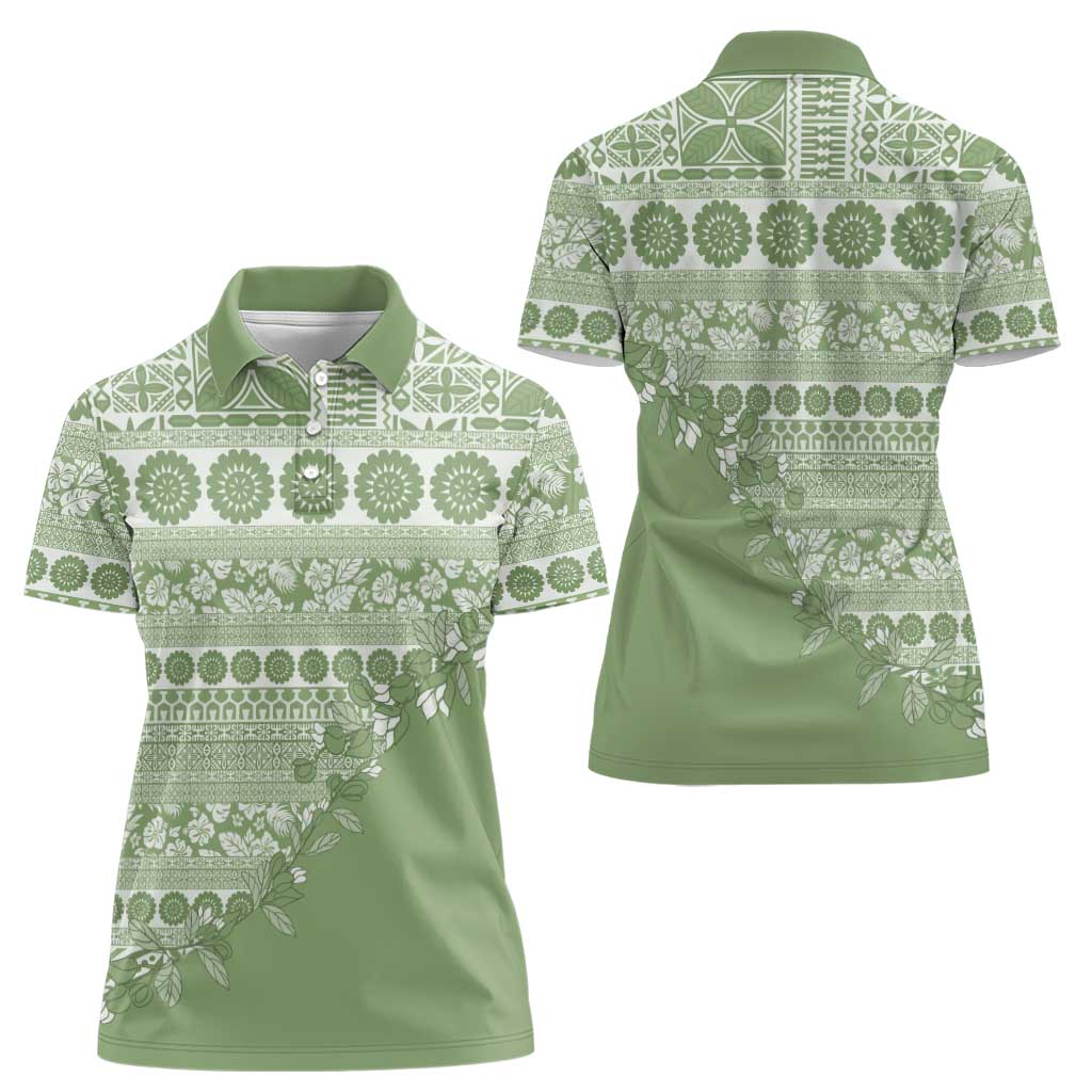 Fiji Marau na Kerisimasi Women Polo Shirt Sage Green Tagimoucia Tapa Masi Tribal LT9 - Polynesian Pride