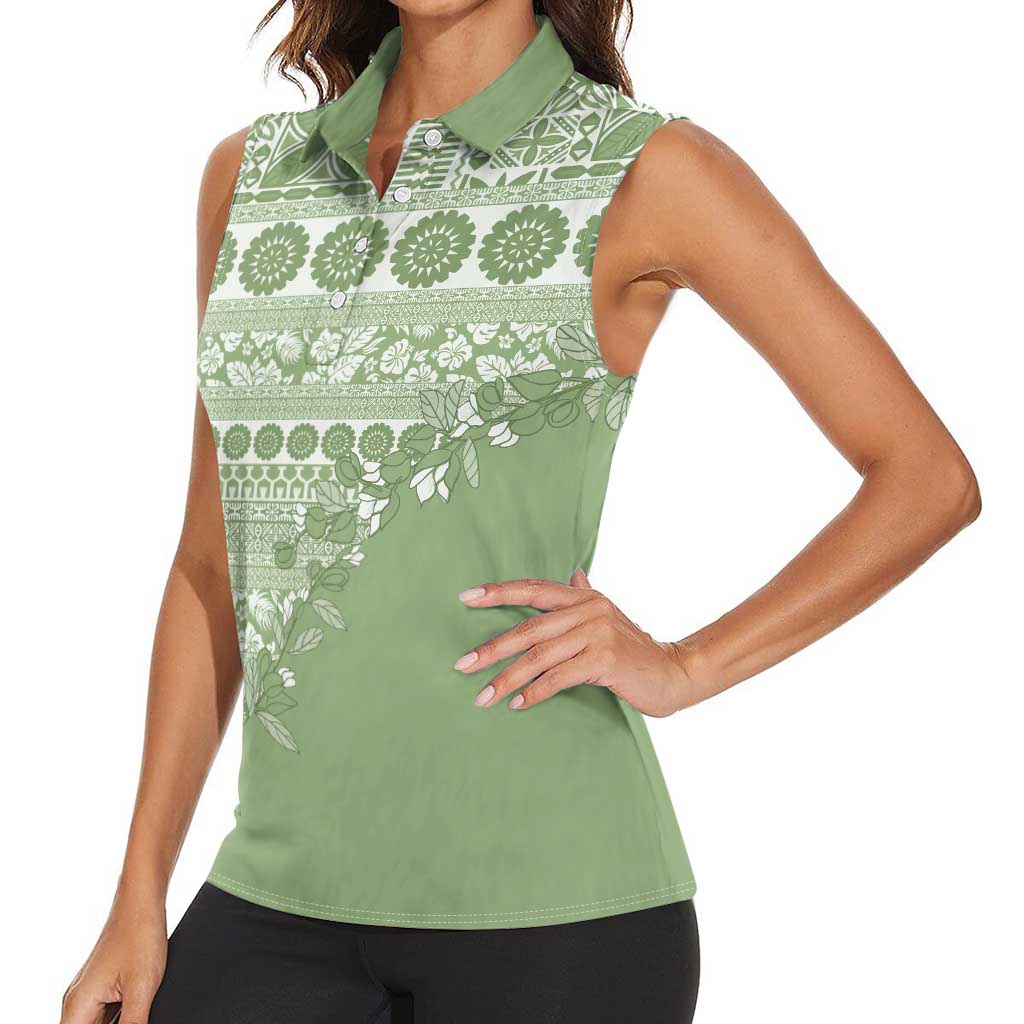 Fiji Marau na Kerisimasi Women Sleeveless Polo Shirt Sage Green Tagimoucia Tapa Masi Tribal LT9 - Polynesian Pride