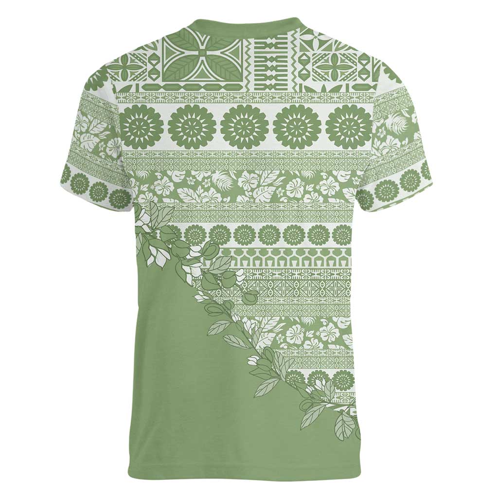 Fiji Marau na Kerisimasi Women V-Neck T-Shirt Sage Green Tagimoucia Tapa Masi Tribal LT9 - Polynesian Pride