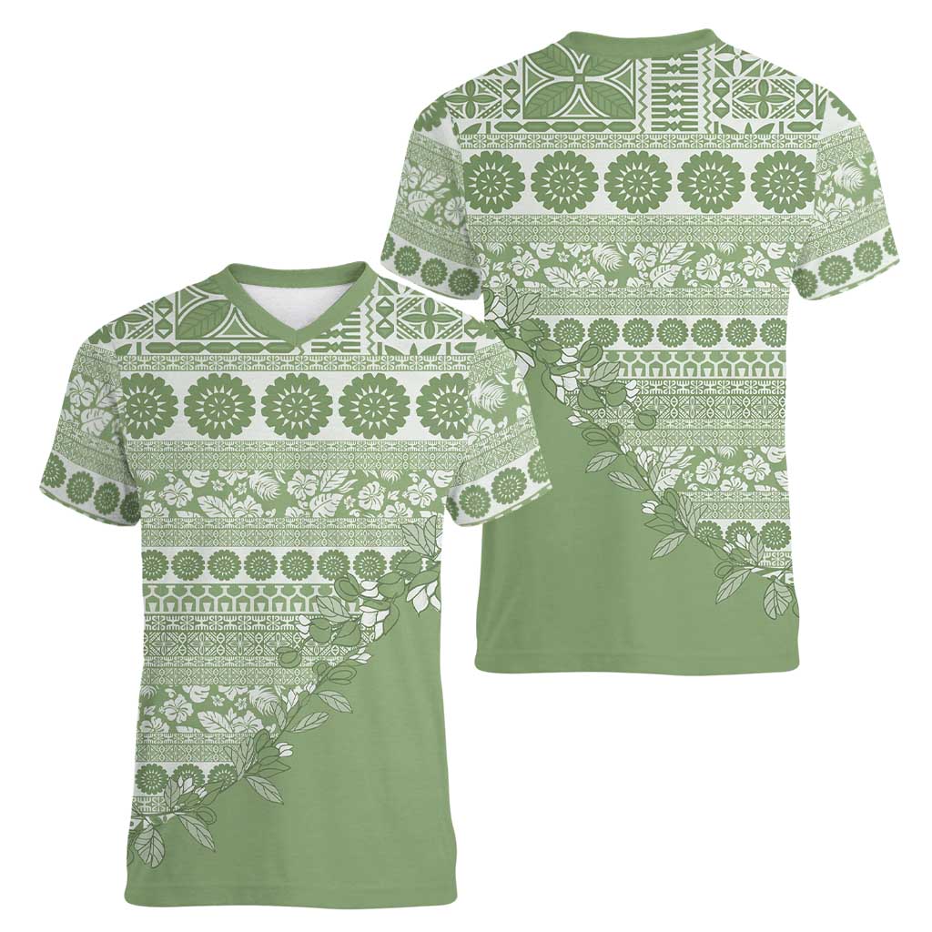 Fiji Marau na Kerisimasi Women V-Neck T-Shirt Sage Green Tagimoucia Tapa Masi Tribal LT9 - Polynesian Pride