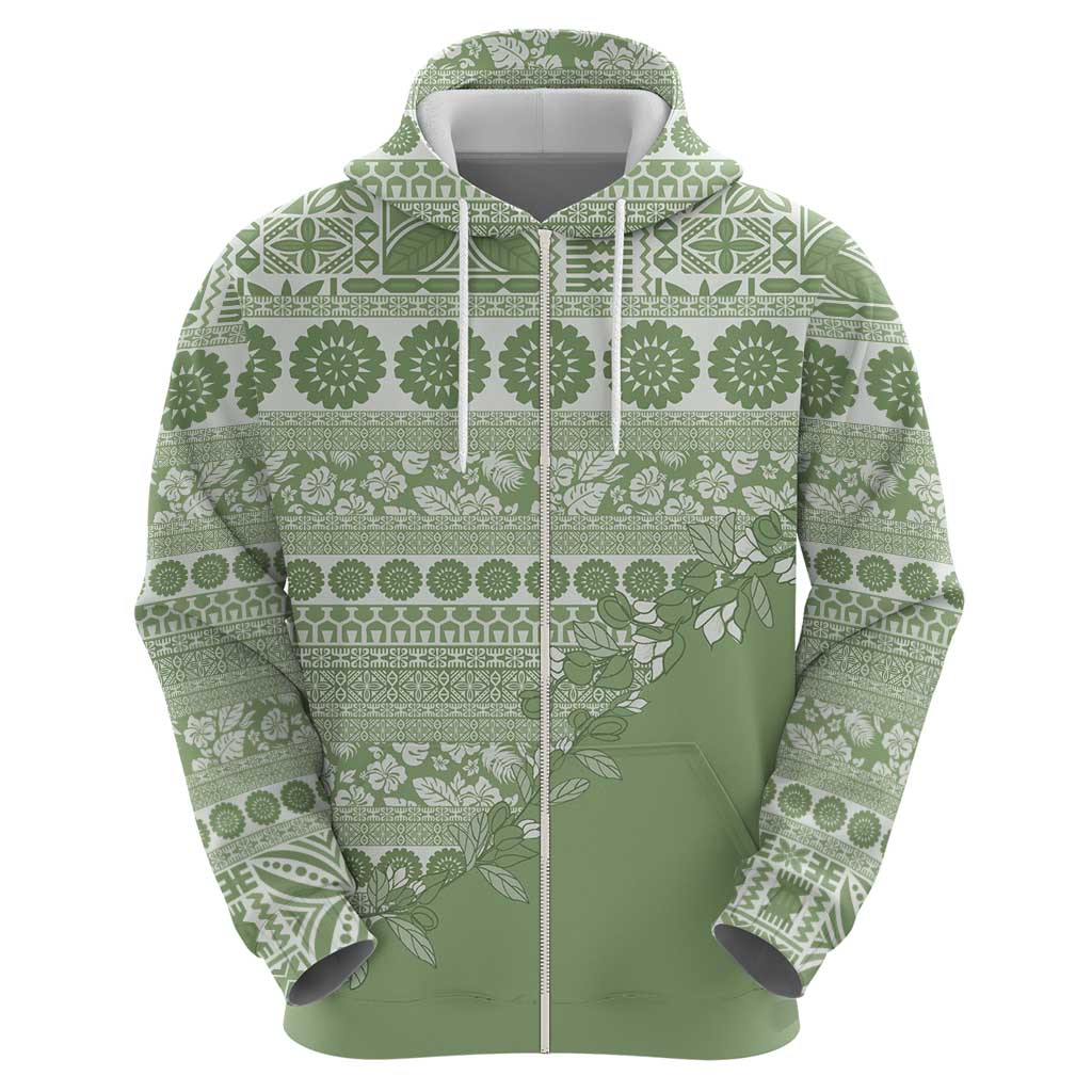 Fiji Marau na Kerisimasi Zip Hoodie Sage Green Tagimoucia Tapa Masi Tribal LT9 - Polynesian Pride