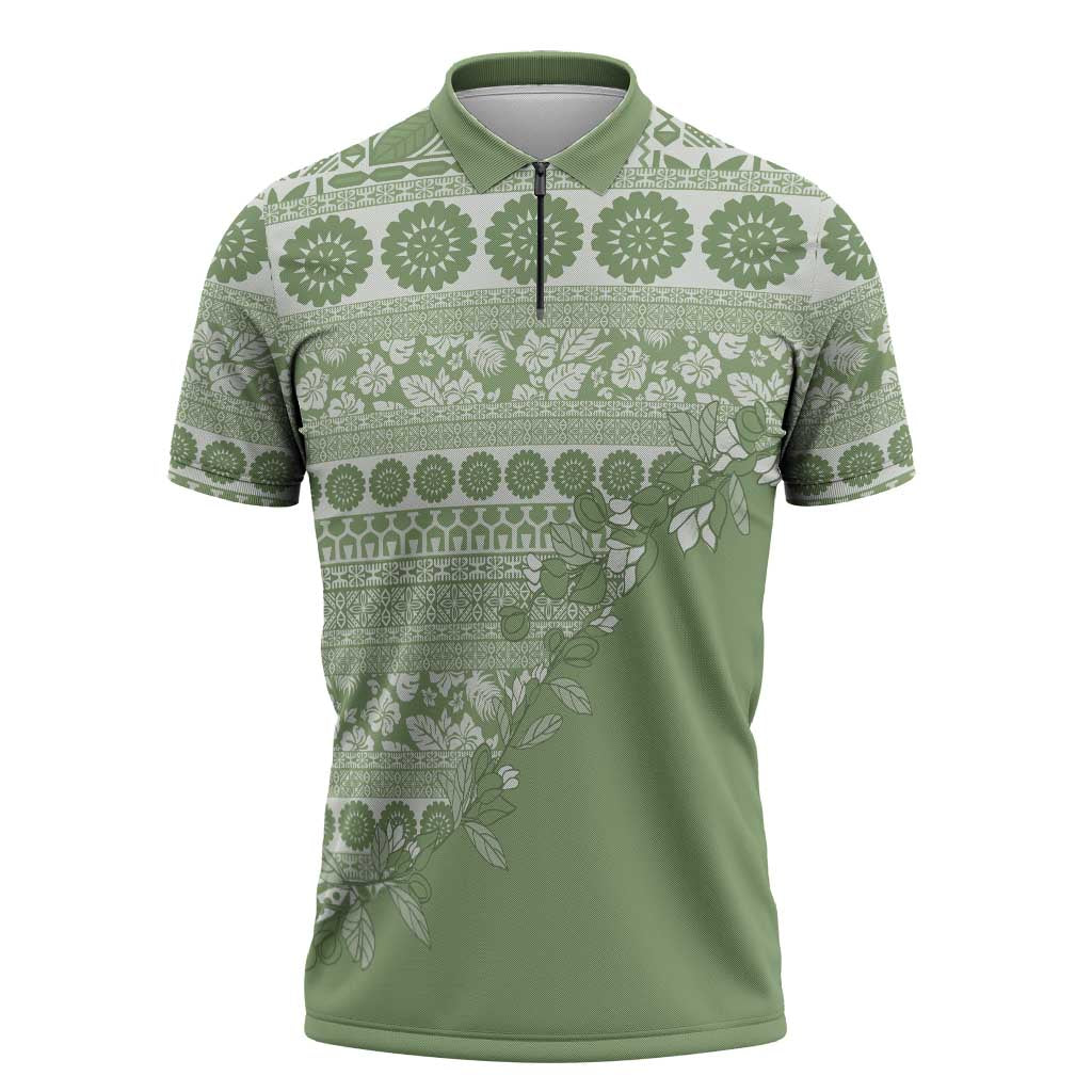 Fiji Marau na Kerisimasi Zipper Polo Shirt Sage Green Tagimoucia Tapa Masi Tribal - Polynesian Pride