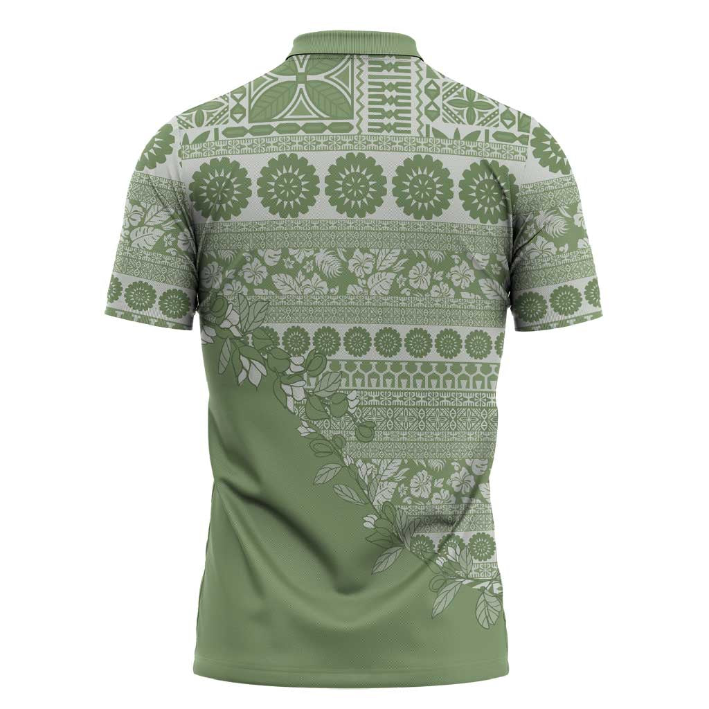 Fiji Marau na Kerisimasi Zipper Polo Shirt Sage Green Tagimoucia Tapa Masi Tribal LT9 - Polynesian Pride