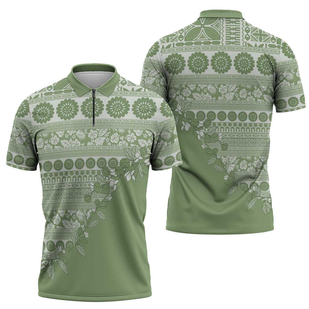 Fiji Marau na Kerisimasi Zipper Polo Shirt Sage Green Tagimoucia Tapa Masi Tribal LT9 - Polynesian Pride
