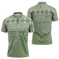 Fiji Marau na Kerisimasi Zipper Polo Shirt Sage Green Tagimoucia Tapa Masi Tribal LT9 - Polynesian Pride