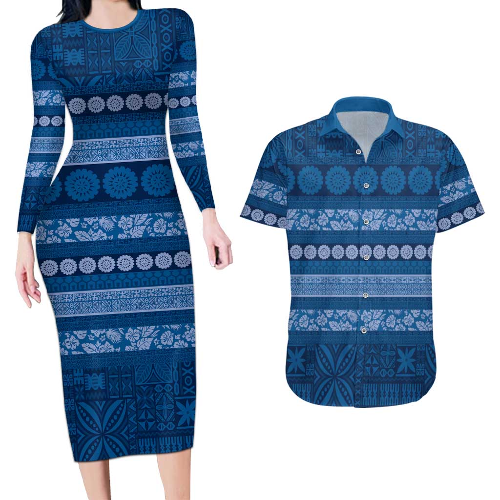 Fiji Marau na Kerisimasi Couples Matching Long Sleeve Bodycon Dress and Hawaiian Shirt Blue Tapa Masi Inspired Christmas - Polynesian Pride