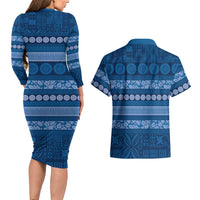 Fiji Marau na Kerisimasi Couples Matching Long Sleeve Bodycon Dress and Hawaiian Shirt Blue Tapa Masi Inspired Christmas LT9 - Polynesian Pride