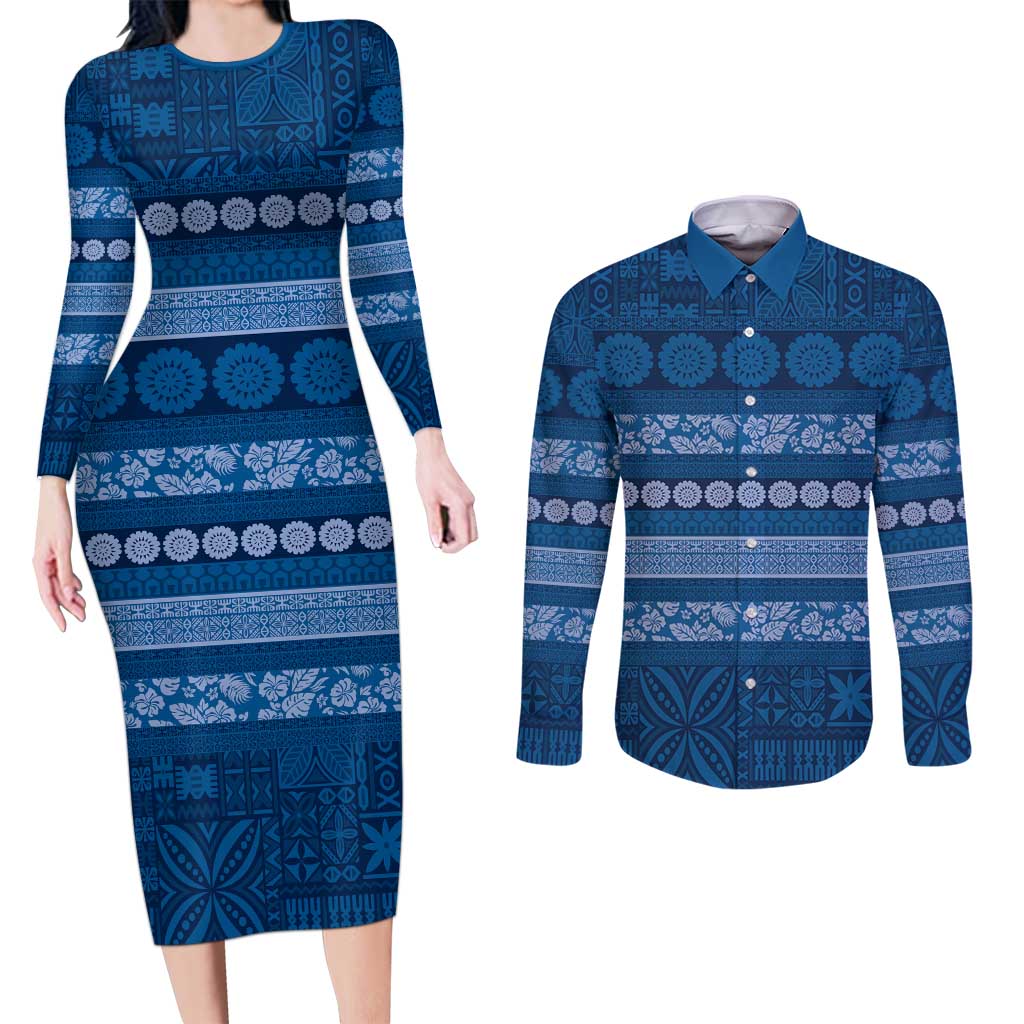 Fiji Marau na Kerisimasi Couples Matching Long Sleeve Bodycon Dress and Long Sleeve Button Shirt Blue Tapa Masi Inspired Christmas LT9 Blue - Polynesian Pride