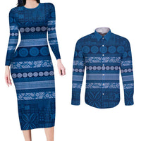 Fiji Marau na Kerisimasi Couples Matching Long Sleeve Bodycon Dress and Long Sleeve Button Shirt Blue Tapa Masi Inspired Christmas LT9 Blue - Polynesian Pride