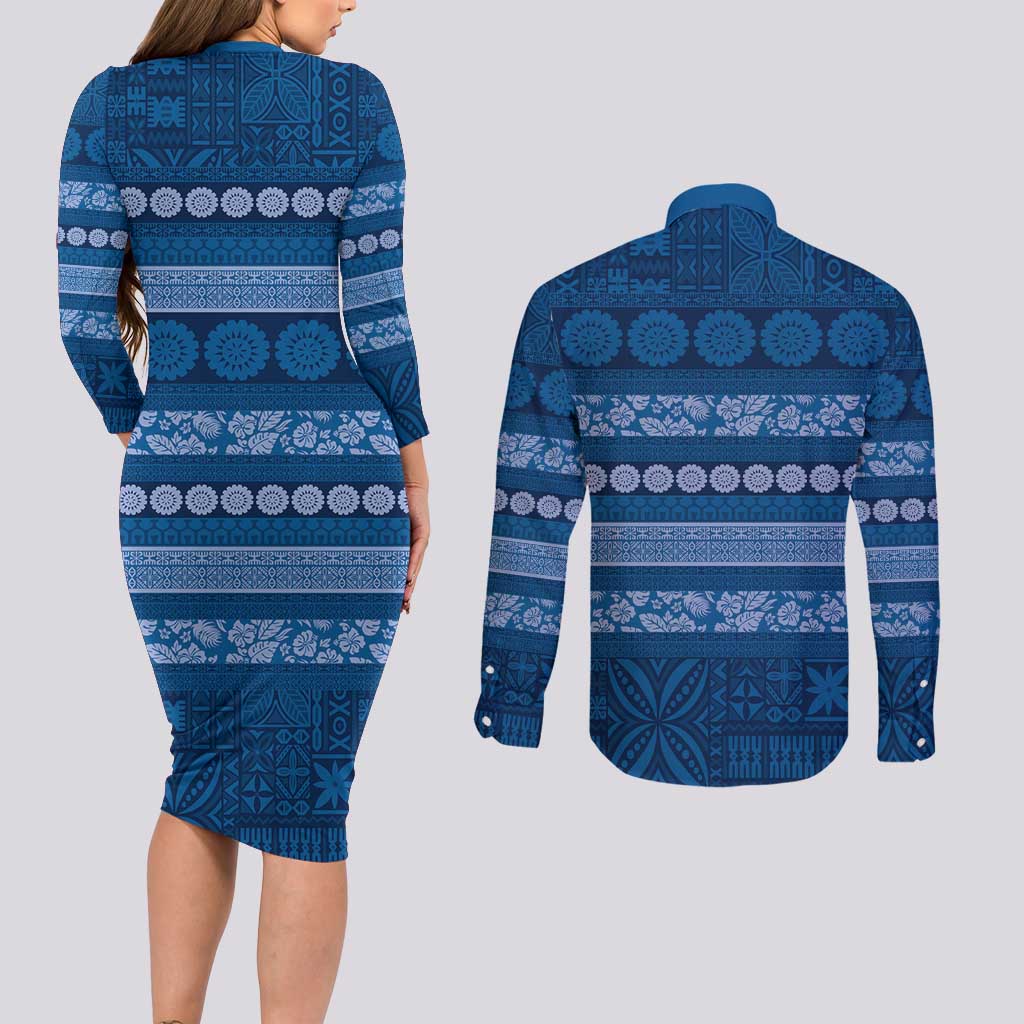 Fiji Marau na Kerisimasi Couples Matching Long Sleeve Bodycon Dress and Long Sleeve Button Shirt Blue Tapa Masi Inspired Christmas LT9 - Polynesian Pride