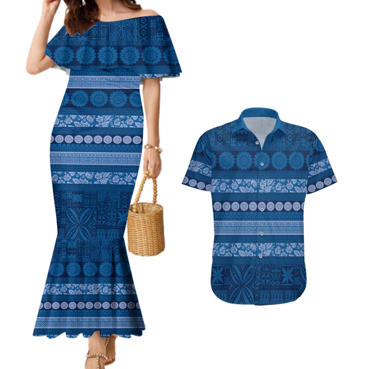 Fiji Marau na Kerisimasi Couples Matching Mermaid Dress and Hawaiian Shirt Blue Tapa Masi Inspired Christmas - Polynesian Pride