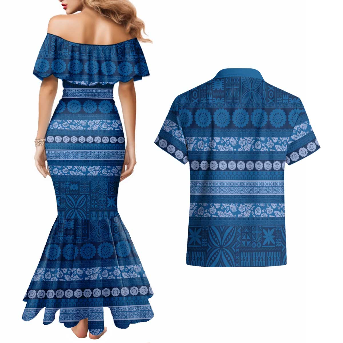 Fiji Marau na Kerisimasi Couples Matching Mermaid Dress and Hawaiian Shirt Blue Tapa Masi Inspired Christmas LT9 - Polynesian Pride
