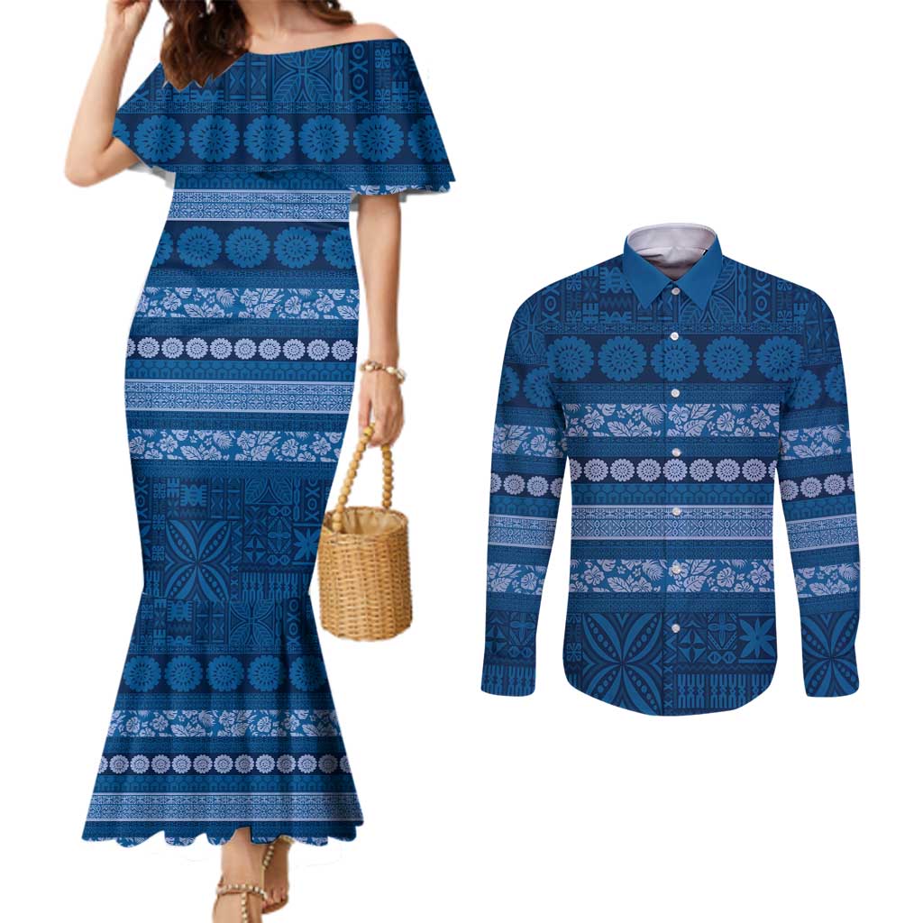 Fiji Marau na Kerisimasi Couples Matching Mermaid Dress and Long Sleeve Button Shirt Blue Tapa Masi Inspired Christmas LT9 Blue - Polynesian Pride