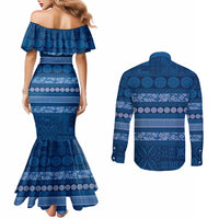 Fiji Marau na Kerisimasi Couples Matching Mermaid Dress and Long Sleeve Button Shirt Blue Tapa Masi Inspired Christmas LT9 - Polynesian Pride