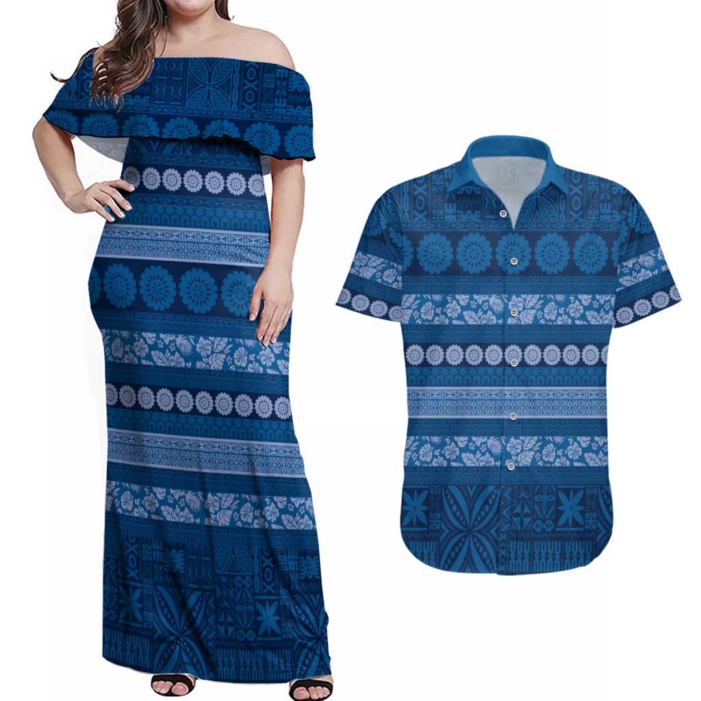 Fiji Marau na Kerisimasi Couples Matching Off Shoulder Maxi Dress and Hawaiian Shirt Blue Tapa Masi Inspired Christmas - Polynesian Pride