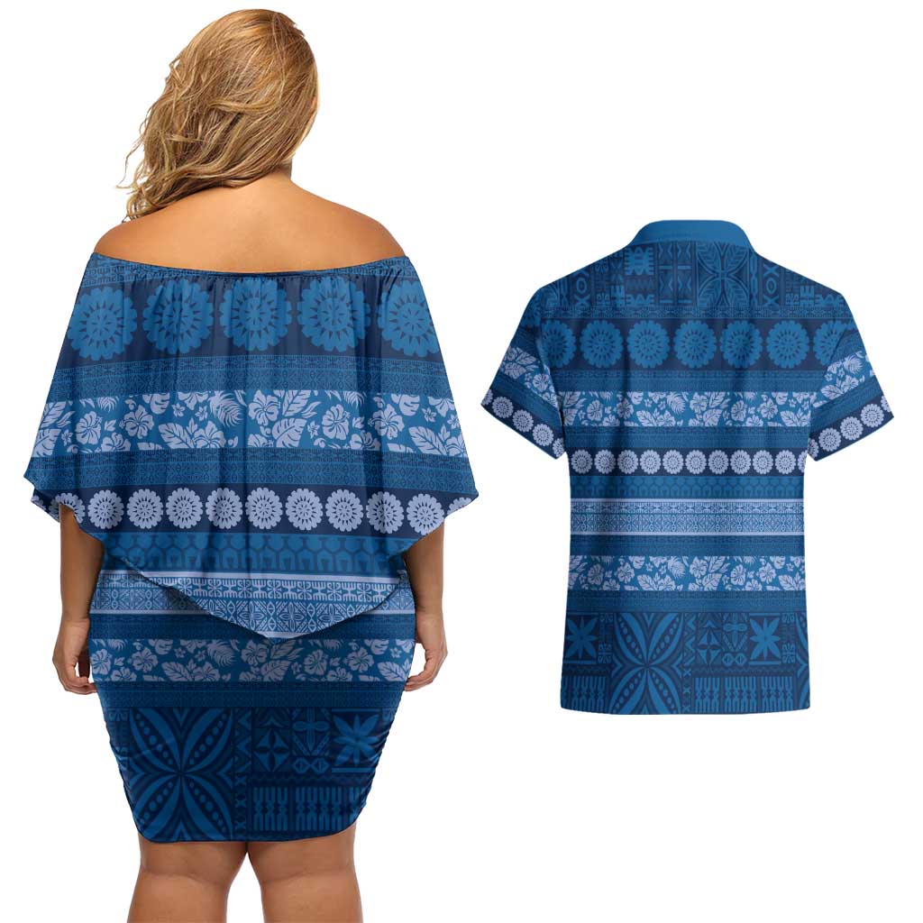 Fiji Marau na Kerisimasi Couples Matching Off Shoulder Short Dress and Hawaiian Shirt Blue Tapa Masi Inspired Christmas LT9 - Polynesian Pride