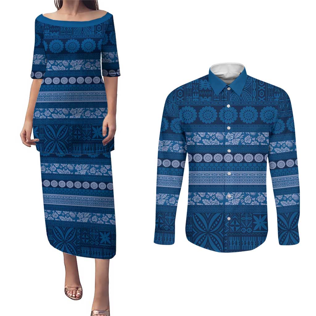 Fiji Marau na Kerisimasi Couples Matching Puletasi and Long Sleeve Button Shirt Blue Tapa Masi Inspired Christmas LT9 Blue - Polynesian Pride