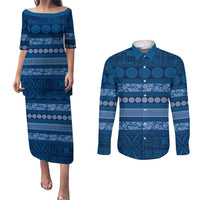 Fiji Marau na Kerisimasi Couples Matching Puletasi and Long Sleeve Button Shirt Blue Tapa Masi Inspired Christmas LT9 Blue - Polynesian Pride