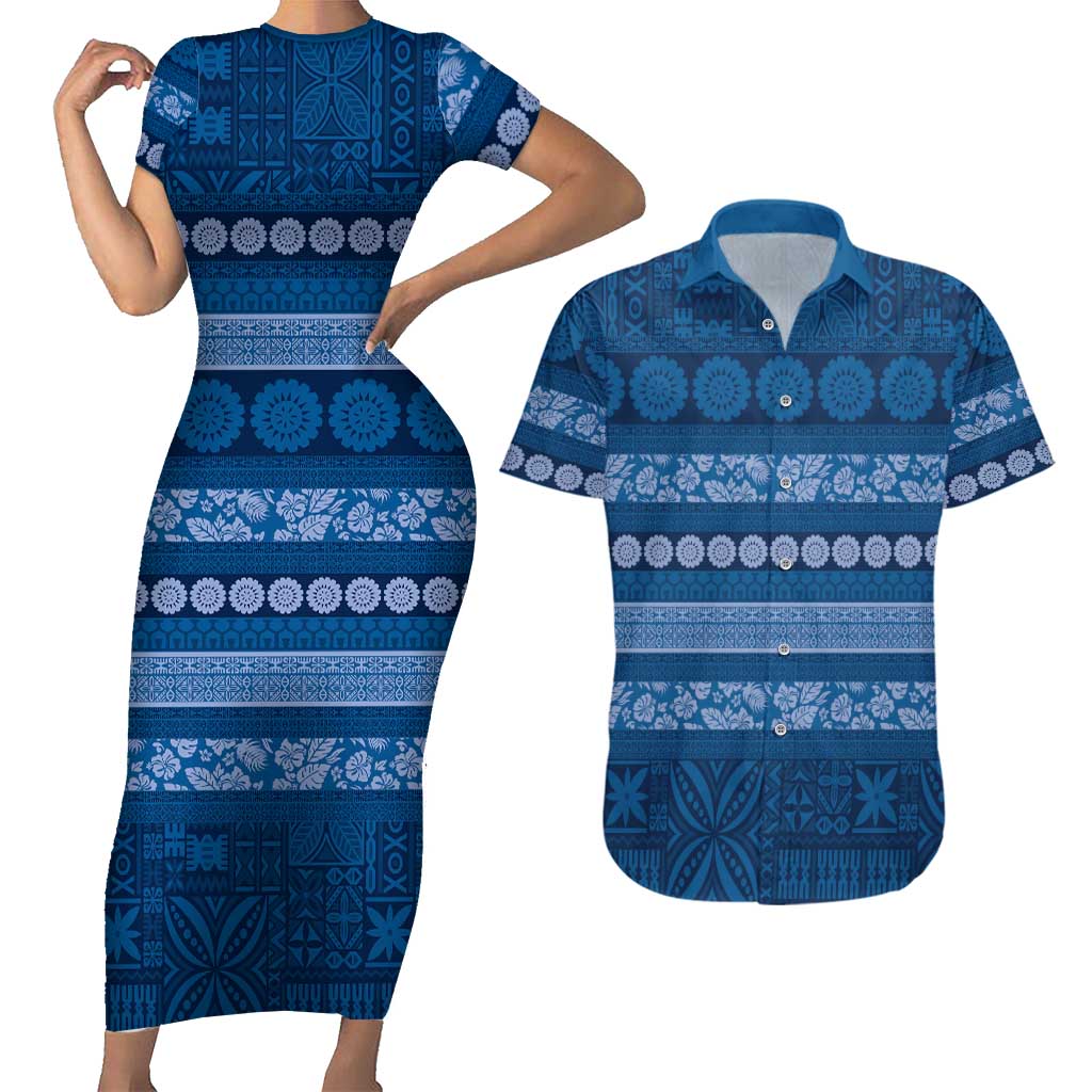 Fiji Marau na Kerisimasi Couples Matching Short Sleeve Bodycon Dress and Hawaiian Shirt Blue Tapa Masi Inspired Christmas LT9 Blue - Polynesian Pride