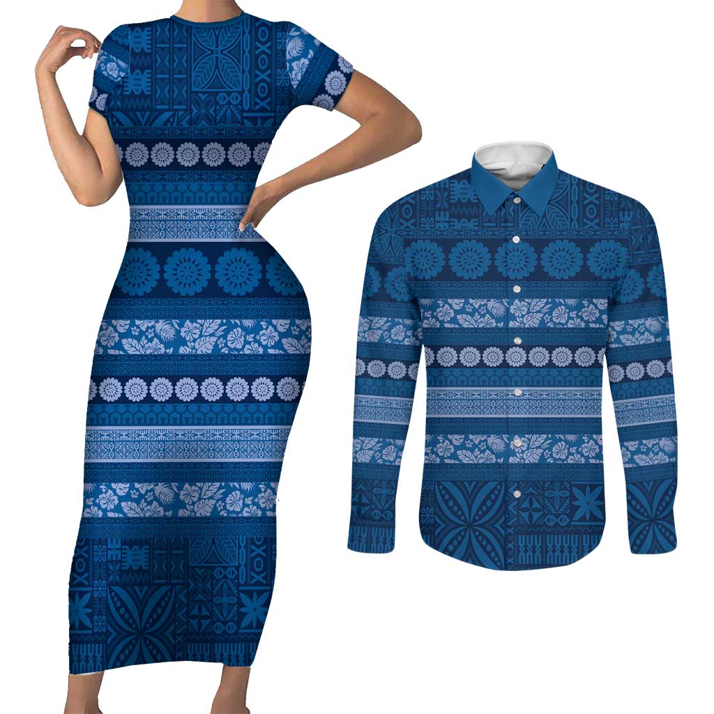 Fiji Marau na Kerisimasi Couples Matching Short Sleeve Bodycon Dress and Long Sleeve Button Shirt Blue Tapa Masi Inspired Christmas LT9 Blue - Polynesian Pride