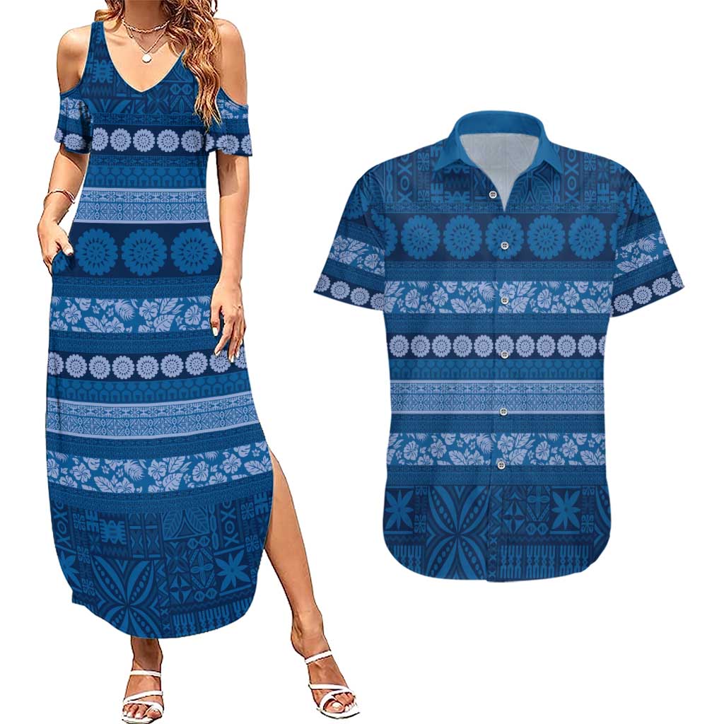 Fiji Marau na Kerisimasi Couples Matching Summer Maxi Dress and Hawaiian Shirt Blue Tapa Masi Inspired Christmas LT9 Blue - Polynesian Pride