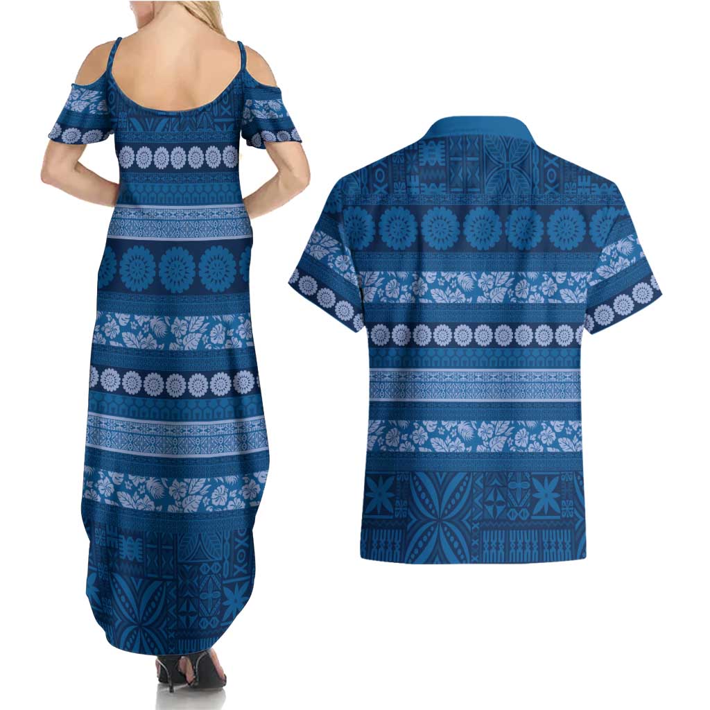 Fiji Marau na Kerisimasi Couples Matching Summer Maxi Dress and Hawaiian Shirt Blue Tapa Masi Inspired Christmas LT9 - Polynesian Pride
